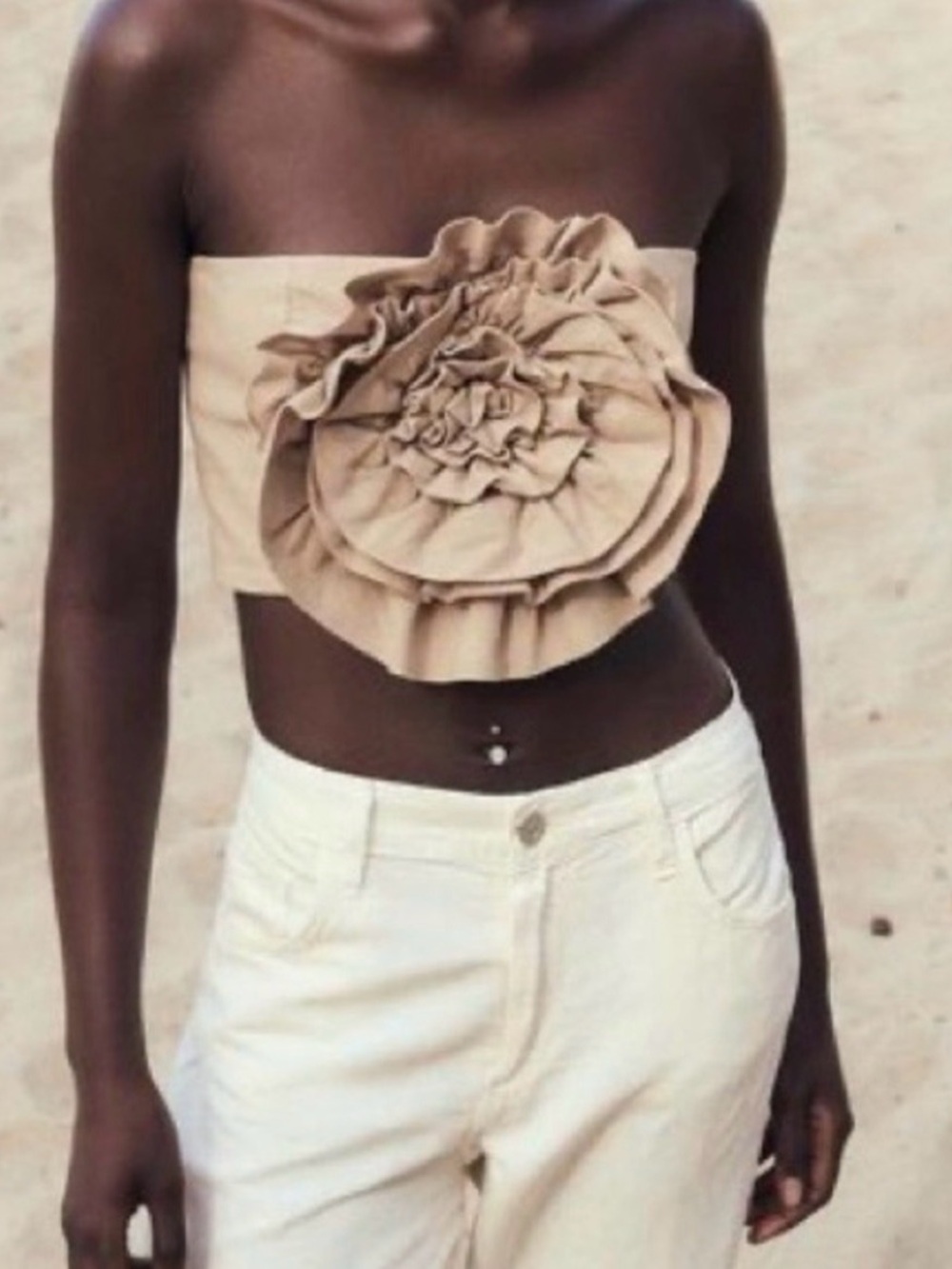 Zara Beige Strapless Crop Top with Oversized Floral Rosette